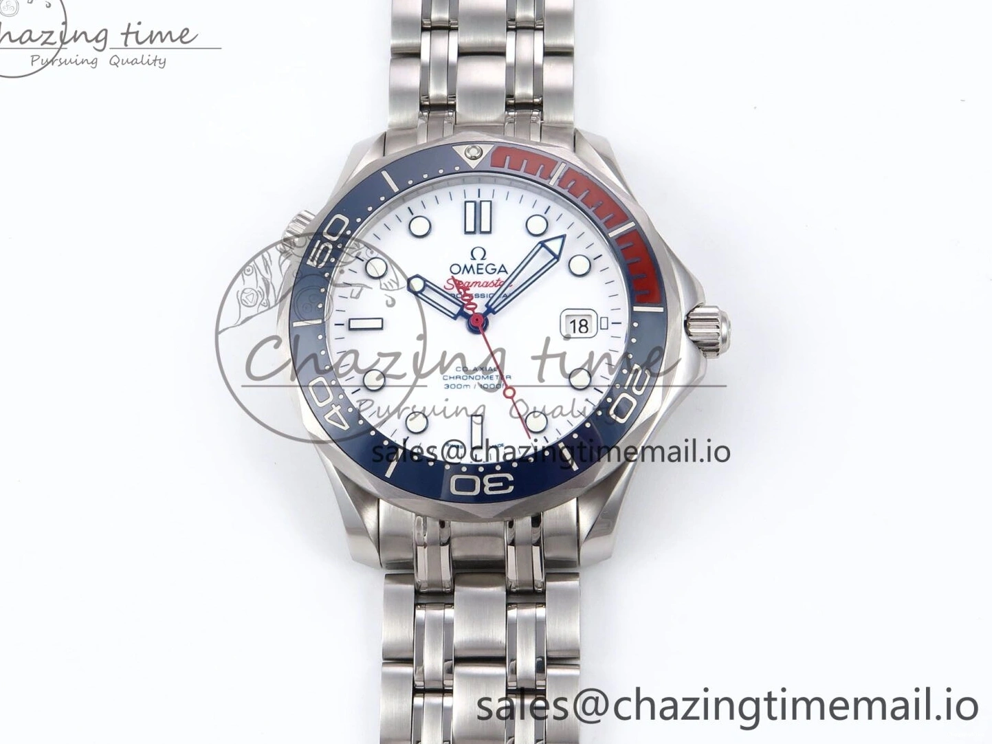 0409 HighQuality Seamaster Diver 300M OMF 1:1 Best Edition Blue Red Ceramic White Dial on SS Bracelet A 7705